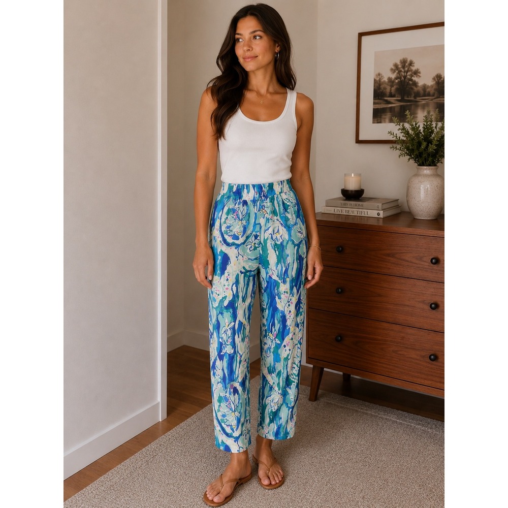 Lilly Pulitzer XS Blue Green Floral Knit Drawstring Waist Tapered Pants RN88189